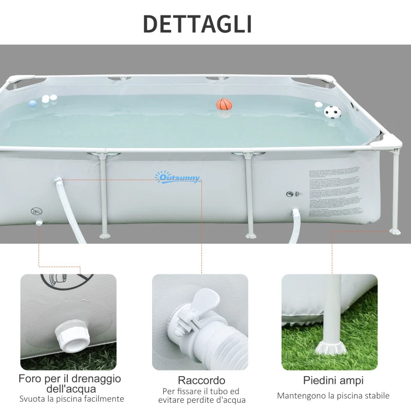 Outsunny Piscina Fuori Terra Autoportante, Piscina Rigida Rettangolare con Filtro e Valvola in Acciaio e PVC, Grigio, 252x152x65cm