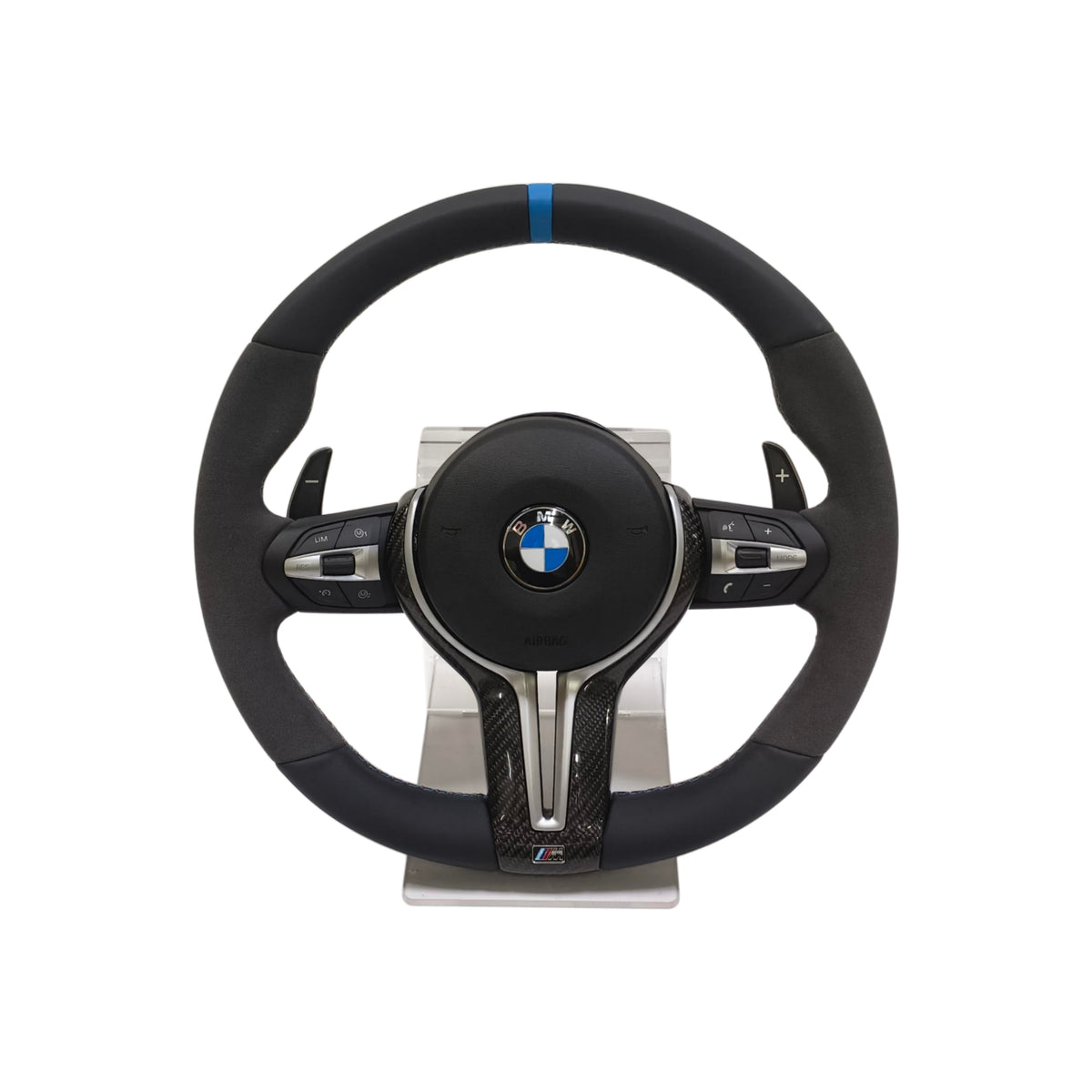 (PRENOTA) Volante per BMW, Pelle Nera, Etichetta Blu, Carbonio