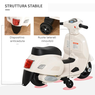 HOMCOM Moto Elettrica per Bambini con Licenza Ufficiale Vespa Batteria 6V, Fari e Clacson, per Bimbi da 18-36 mesi, Bianco, 66.5x38x52cm