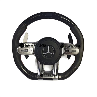 (PRENOTA) Volante per Mercedes, Carbonio Diagonale, LED, Punzonatura Nera, Coda di Rondine, Comandi Argento, AMG
