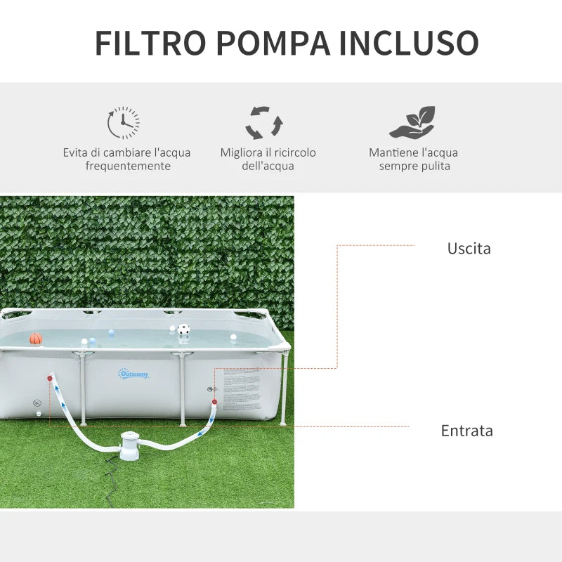 Outsunny Piscina Fuori Terra Autoportante, Piscina Rigida Rettangolare con Filtro e Valvola in Acciaio e PVC, Grigio, 252x152x65cm