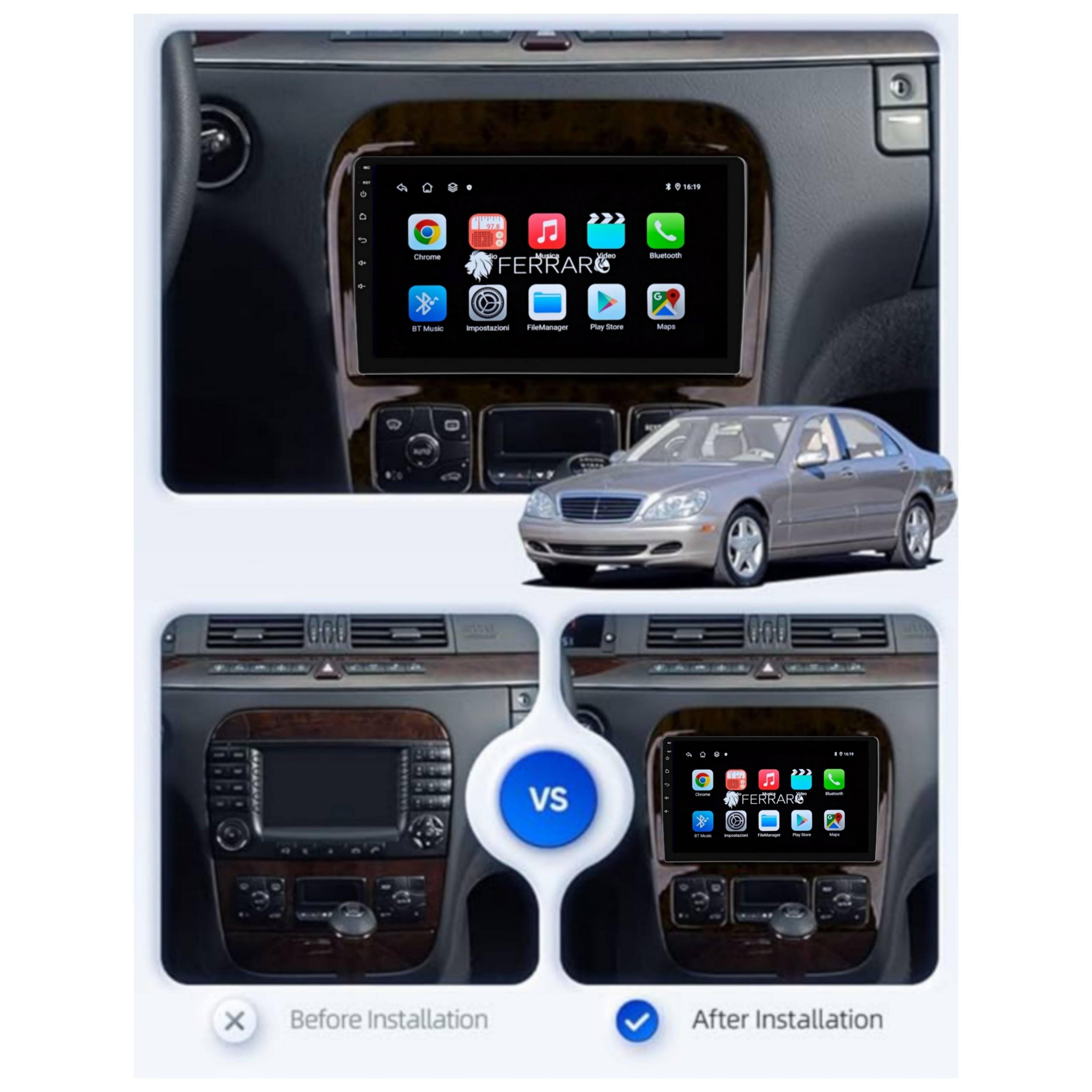 Autoradio per Mercedes Classe S w220 9" (1998-2005) Android, Bluetooth, CarPlay, Android Auto, 2GB/4GB/6GB/8GB Ram