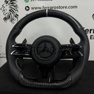 (PRENOTA) Volante per Mercedes, Carbonio Diagonale, Etichetta Bianca, Punzonatura Nera, Palette Coda di Rondine, Linea Bianca, AMG