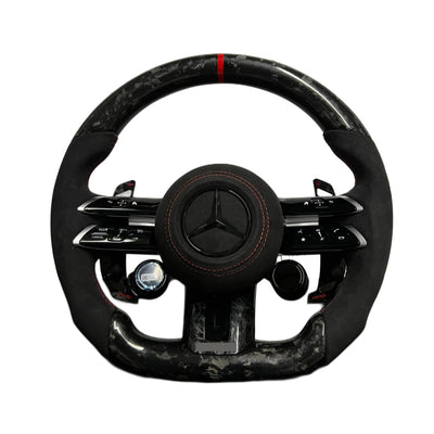 (PRENOTA) Volante per Mercedes, Carbonio Diagonale, Pelle Scamosciata, Galvanica, Linea Rossa, Pomelli AMG