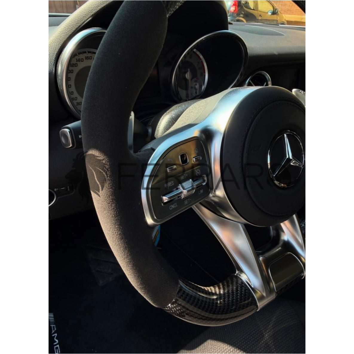 (PRENOTA)Volante per Mercedes, Carbonio Diagonale, Etichetta Pelle Nera, Filo Nero, Galvanica, AMG