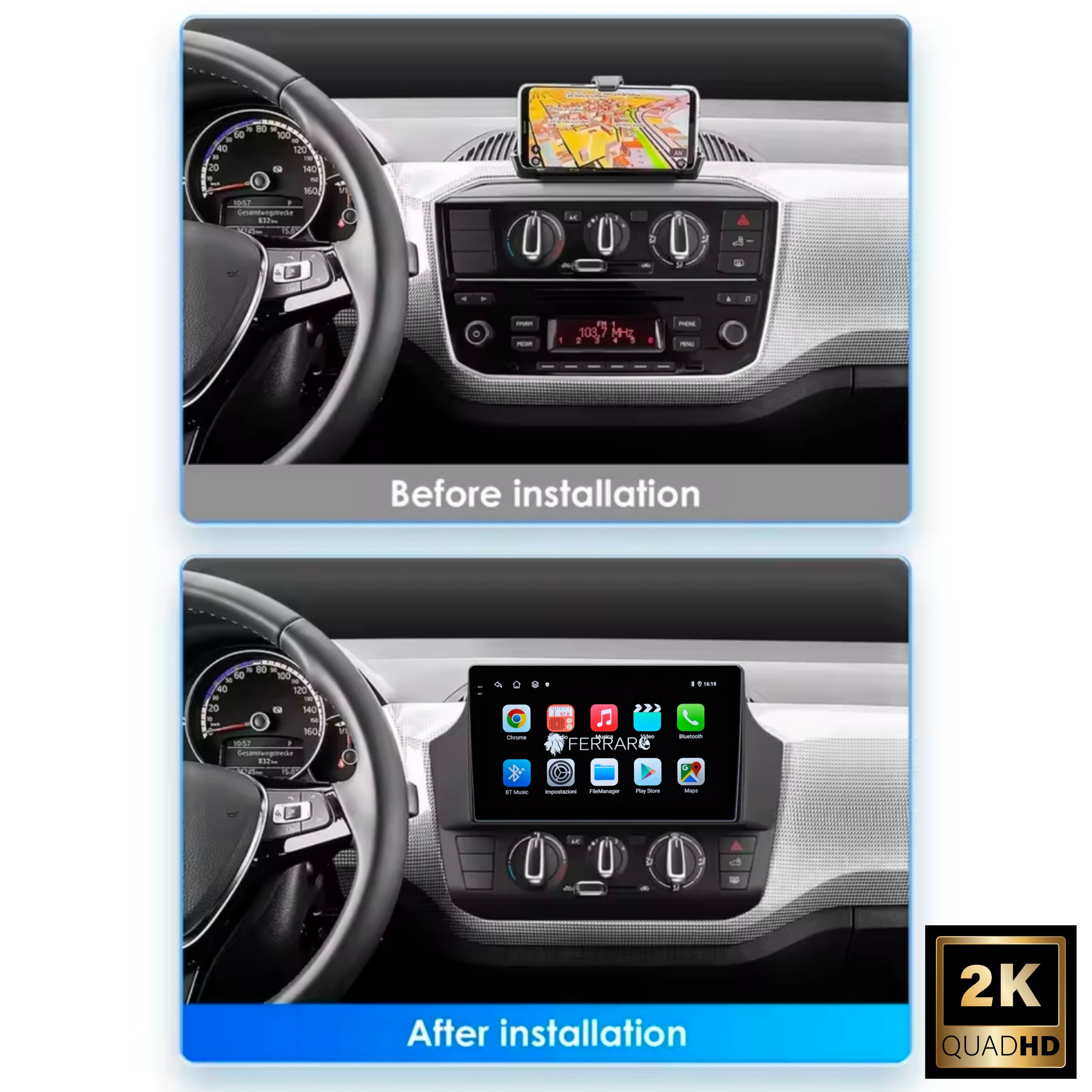 Autoradio per Volkswagen UP 9" 2K | 2011-2016 | Android | Bluetooth | CarPlay | Android Auto | 12/256GB Ram