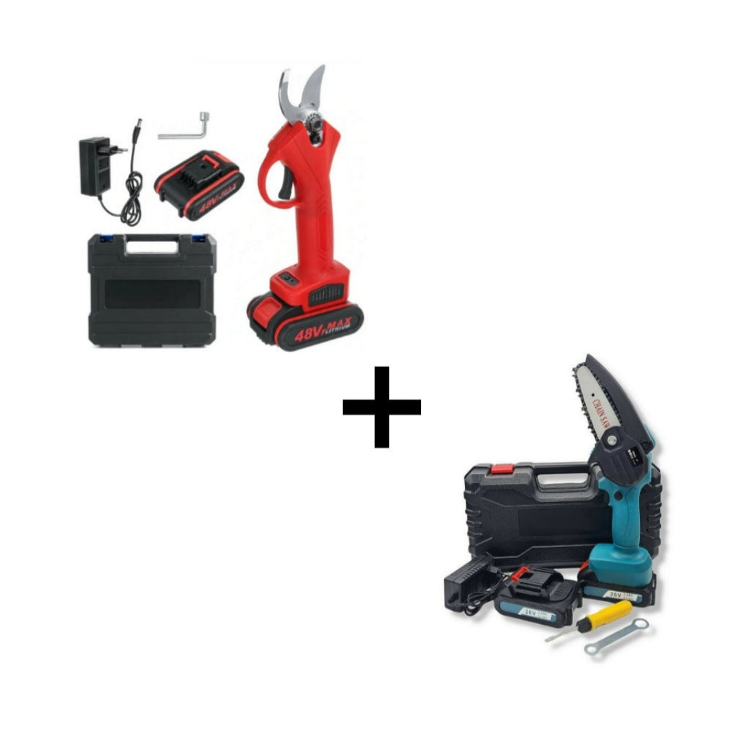 Kit 2 in 1 Mini Motosega Elettrica e Forbici Cesoia Potatura, 4 Batterie, Doppia Valigetta e Completa di Accessori