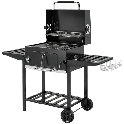 Outsunny Barbecue a Carbone a Rotelle con Griglia Regolabile e Ripiani Pieghevoli, in Acciaio e PP, 133.5x65x110 cm, Nero