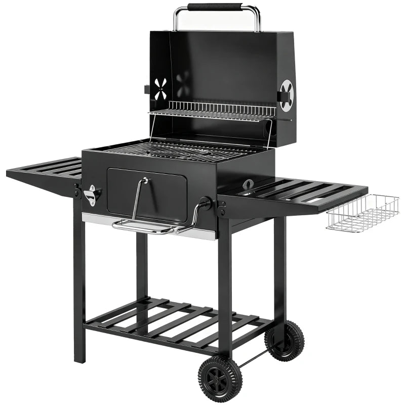 Outsunny Barbecue a Carbone a Rotelle con Griglia Regolabile e Ripiani Pieghevoli, in Acciaio e PP, 133.5x65x110 cm, Nero