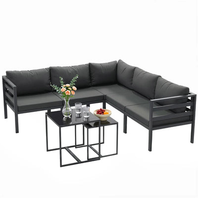 Outsunny Set da Giardino 7 Pezzi in Acciaio e Poliestere con 5 Sedie con Cuscini e 2 Tavolini da Caffè, Grigio