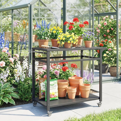 Outsunny Carrello Barbecue, 2 Ripiani, Supporto Pizza, Portasacchi e Ganci, Nero.