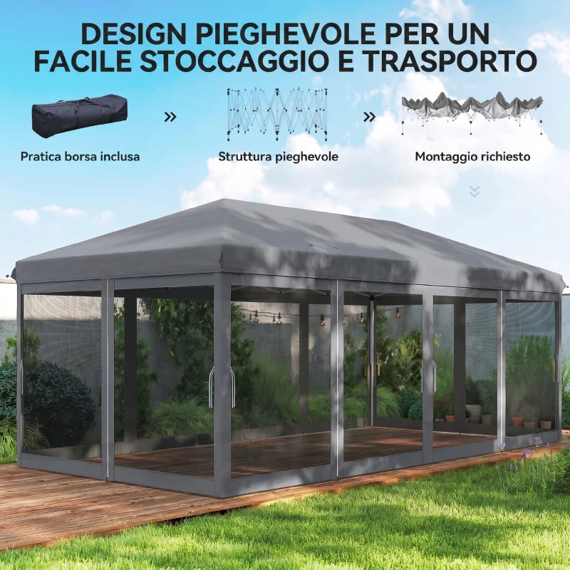 Outsunny Gazebo da Giardino Pieghevole 6x3 m con 6 Zanzariere e Pulsante, in Acciaio e Poliestere, Grigio