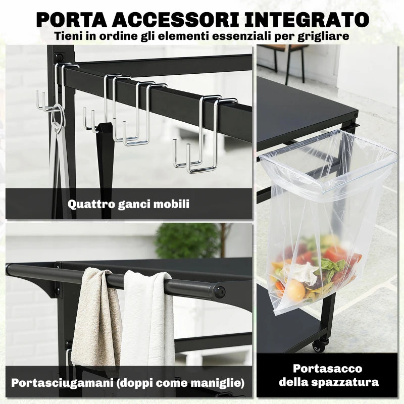 Outsunny Carrello Barbecue, 2 Ripiani, Supporto Pizza, Portasacchi e Ganci, Nero.