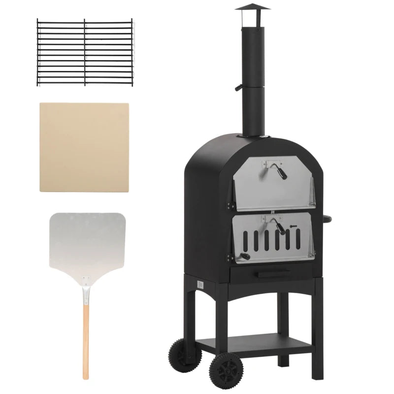 Outsunny Forno per Pizza e Barbecue a Carbone Portatile in Acciaio con Camino e Ruote, 63x54x161 cm, Nero