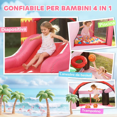 AIYAPLAY Castello Gonfiabile per Bambini con Scivolo, Trampolino, Vasca di Palline e Canestro Basket, 255x230x196 cm, Rosa