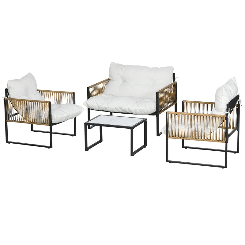 Outsunny Set da Giardino 4 Pezzi in Rattan con Divanetto, 2 Sedie e Tavolino da Caffè, Nero, Marrone e Crema
