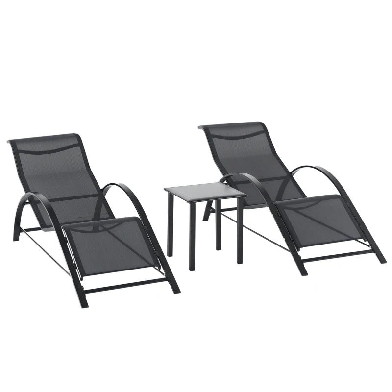 Outsunny Set 2 Lettini Prendisole e Tavolino con Ripiano, in Tessuto Traspirante e Metallo, 59x169x66 cm, Nero