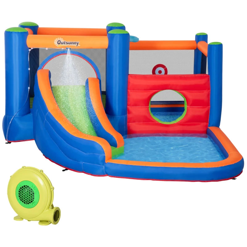 Outsunny Castello Gonfiabile per Bambini 3-8 Anni con Scivolo, Trampolino e Piscina, 380x340x170cm