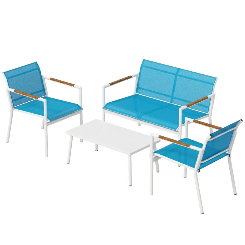 Outsunny Set Giardino 4 Posti Divano, Poltrone, Tavolo in Metallo, Blu.