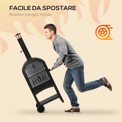 Outsunny Forno per Pizza e Barbecue a Carbone Portatile in Acciaio con Camino e Ruote, 63x54x161 cm, Nero