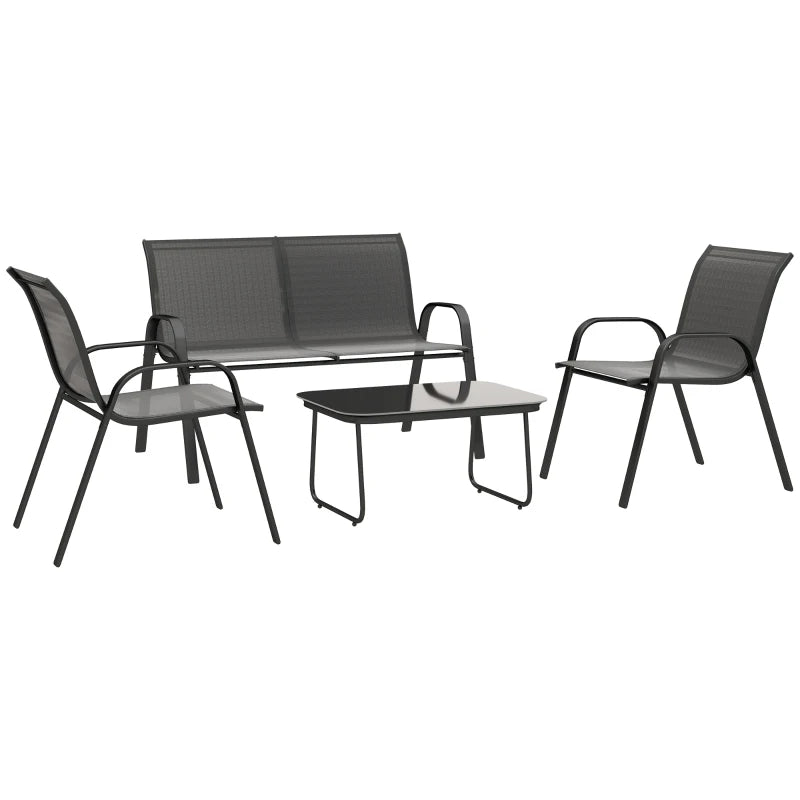 Outsunny Set da Giardino con Divano 2 Posti, 2 Poltrone Impilabili e Tavolino in Vetro, Nero