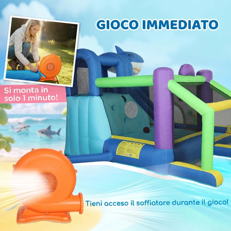 AIYAPLAY Gonfiabile Tema Squali con Scivolo, Piscina/Piscina Palline per Divertimento Bambini all'Aperto